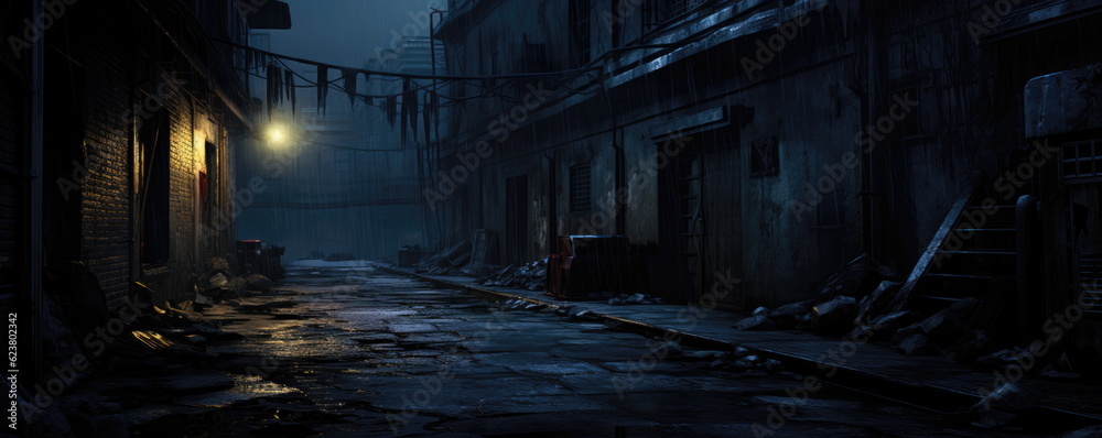 Midnight road or alley in a very old town. abandoned old area of town with stone or brick buildings. no street lights. Generative AI.