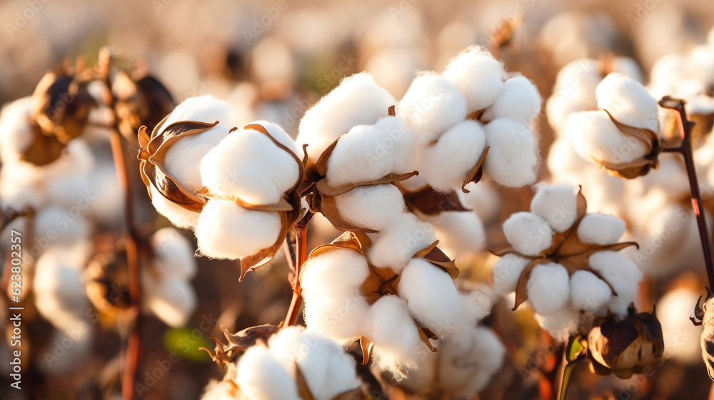 Close up ripe cotton with white fiber grow on plantation, Generative Ai