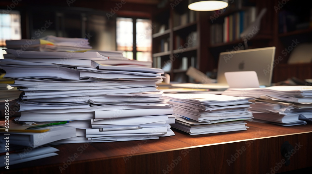 Close-up office desk with an organized stack of papers, Generative Ai Close-up office desk with an organized stack of papers, Generative Ai