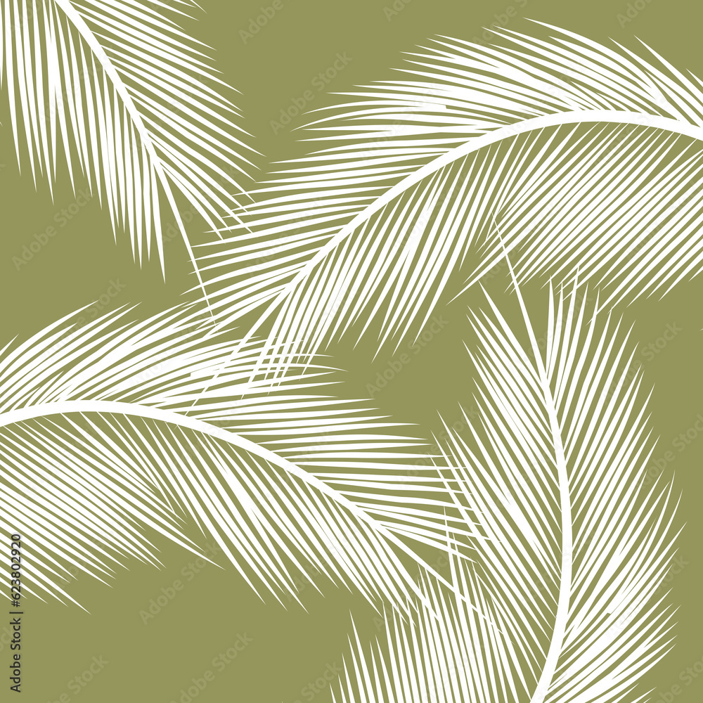 Abstract illustration with white palm leaves decoration on green background
