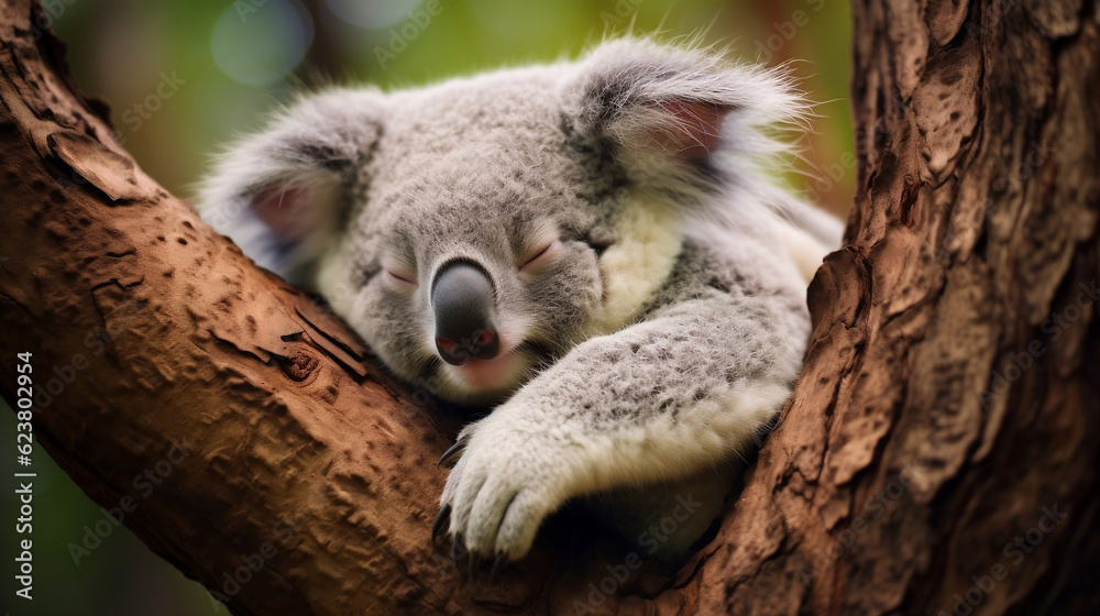 Fototapeta premium Cuddly koala napping in tree, Generative Ai