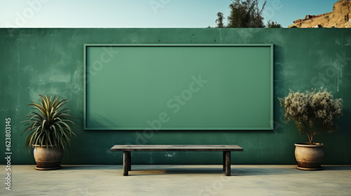 Mockup blank billboard in primary green color , horizontal wide board