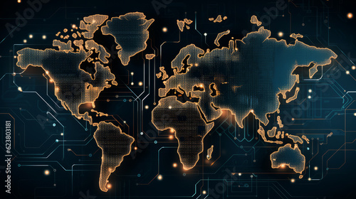 Fototapeta Naklejka Na Ścianę i Meble -  Stylized map of the world with digital elements, such as circuit board lines and pixelated continents