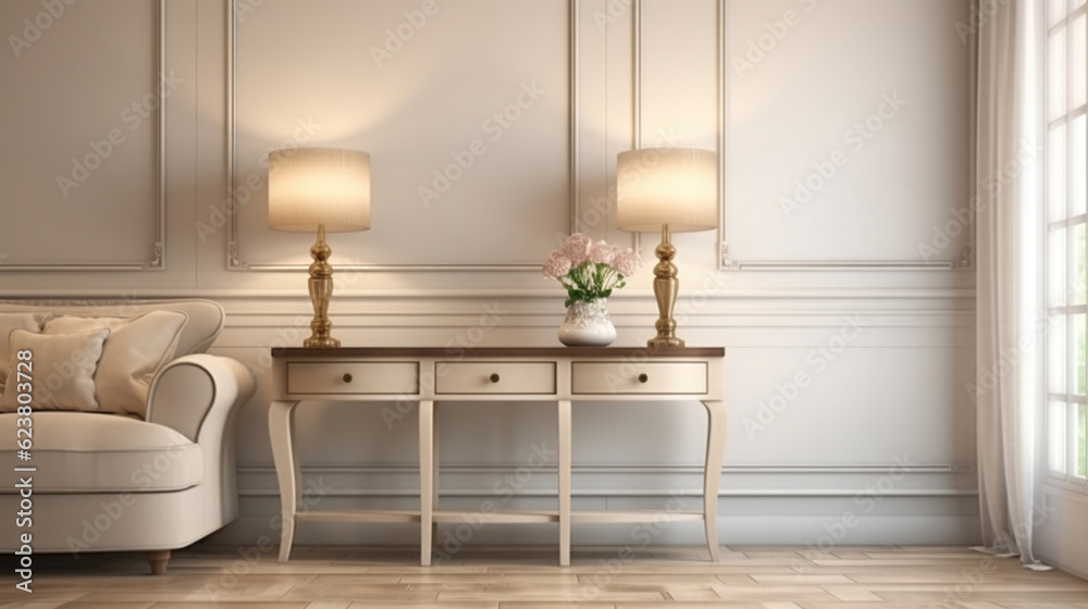 Console table in a classic living room interior. 3D illustration. Generative AI Console table in a classic living room interior. 3D illustration. Generative AI