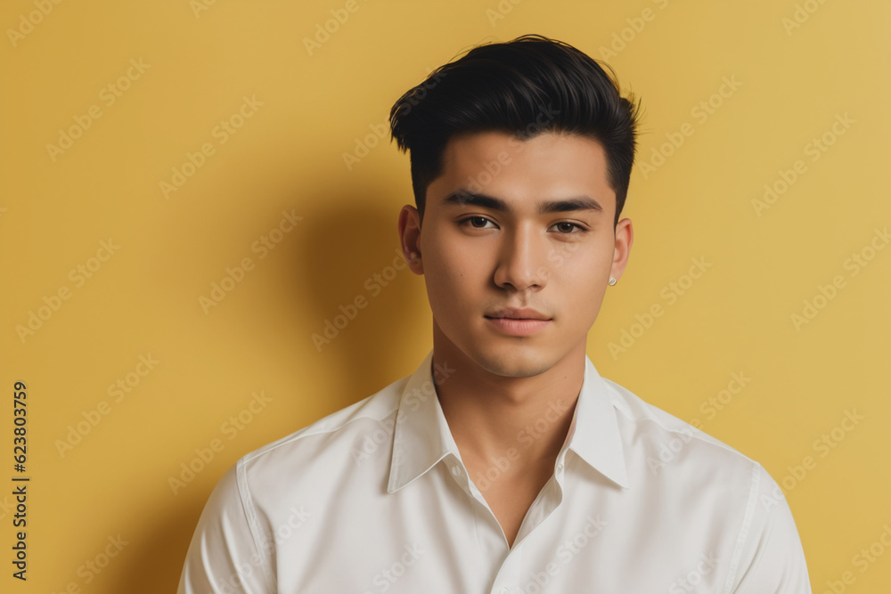 Fototapeta premium Young man wearing bella canvas white shirt mockup, at yellow background. Generative AI