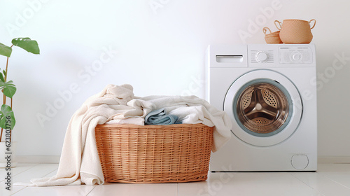 A Modern Washing Machine and Stylish Laundry Basket Complementing a White Wall © Malika