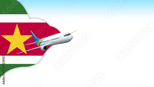 3d illustration plane with Suriname flag background for business and travel design