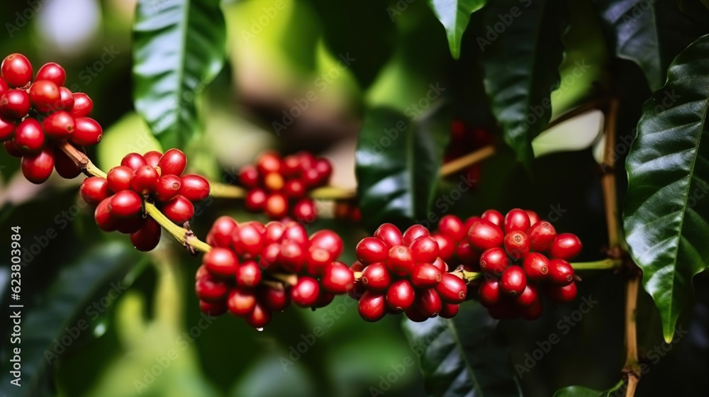 Fresh red coffee, red cherry coffee bean - tree coffee. Generative AI
