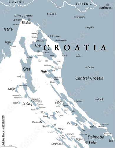 Kvarner Gulf, part of internal waters of Croatia, gray political map. Also known as Kvarner Bay in the northern Adriatic Sea, located between Istrian peninsula and northern Croatian Littoral mainland.