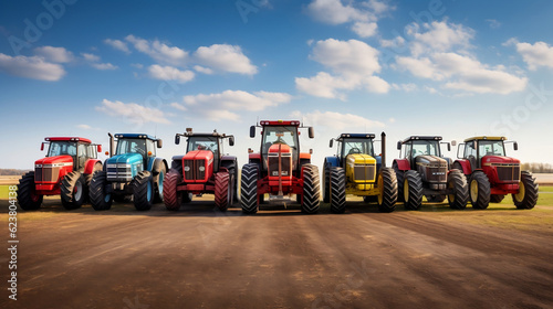 Many different tractors standing in row, Generative Ai photo