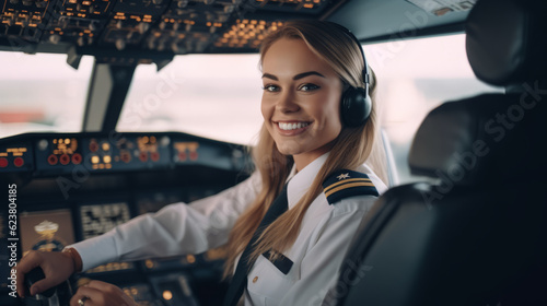 Woman airline pilot portrait in plane cockpit photo
