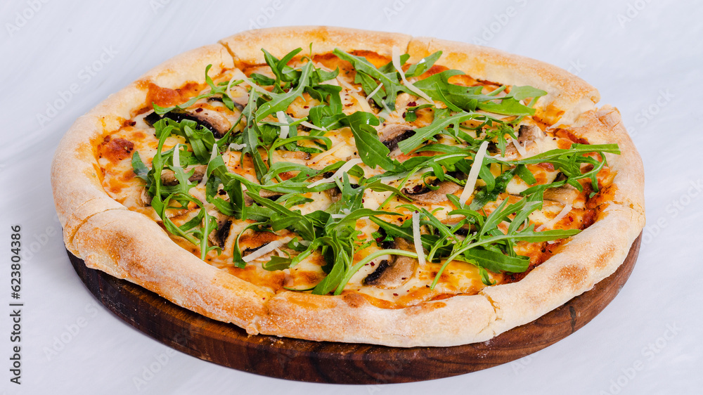 Mushrooms pizza side view Mushrooms pizza side view