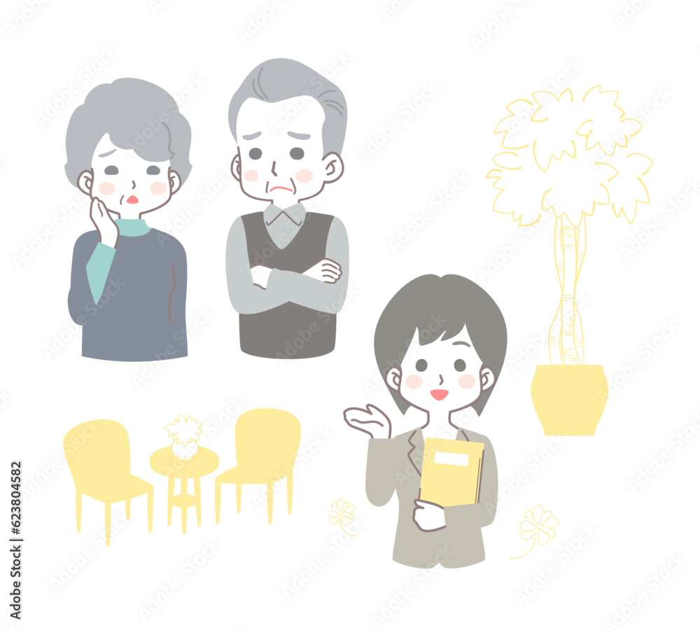 打ち合わせ・相談をする不安げなシニアの夫婦と笑顔で応対する担当者