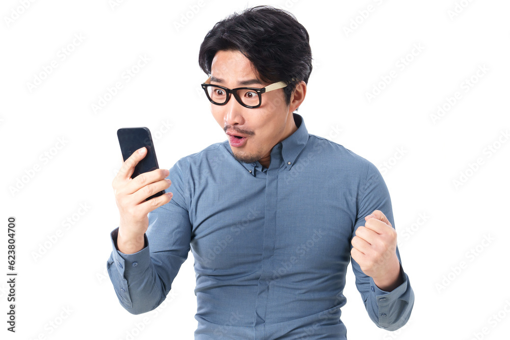 Business middle-aged man surprised by using mobile phone Business middle-aged man surprised by using mobile phone