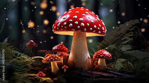 Poisonous wild mushroom Amanita muscaria in a forest, Generative Ai