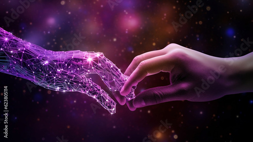 Science  AI  Machine learning  Hands of robot and human touching on big data network connection  Artificial intelligence technology  innovation for futuristic. Purple tone  Generative Ai