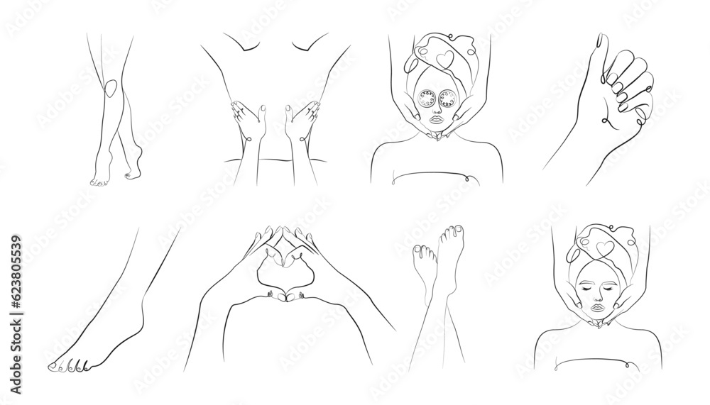 Set of illustrations in line art style, spa and massage