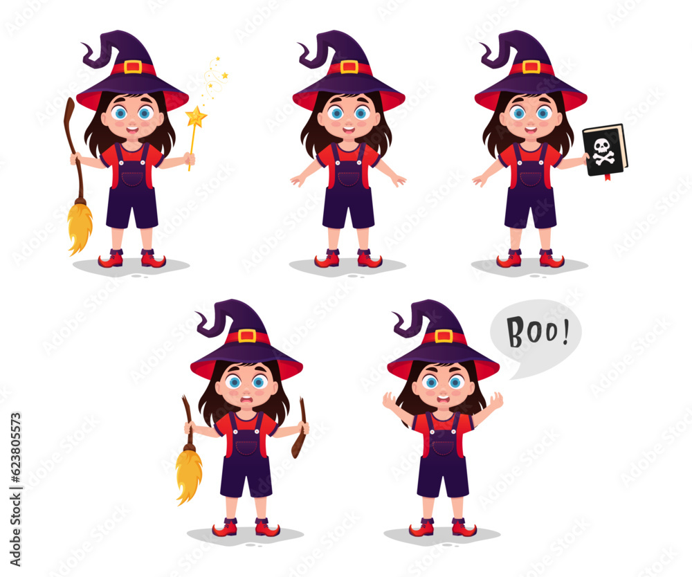 Set of illustrations of a girl in a witch costume Set of illustrations of a girl in a witch costume