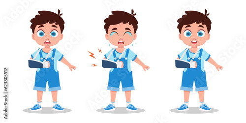 A set of illustrations of a boy with a broken arm