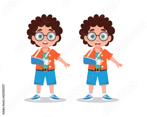 A set of illustrations of a boy with a broken arm
