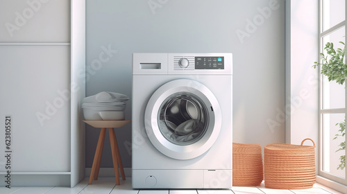 A Contemporary Washing Machine and Laundry Basket Adorned by a White Wall