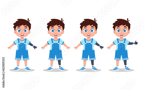 Boy with prosthetic arms and legs