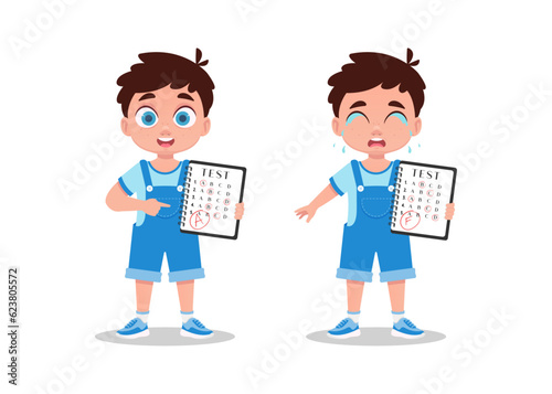 A set of illustrations of a boy with grades