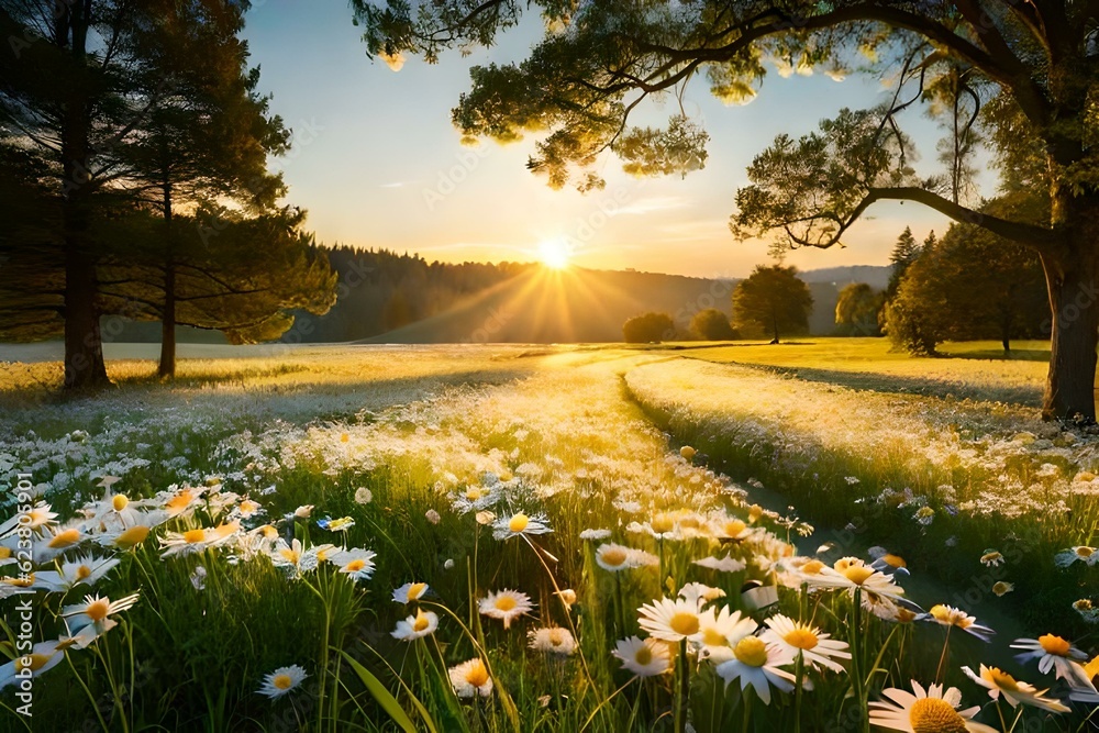 Fototapeta premium sunrise in the field generative Ai