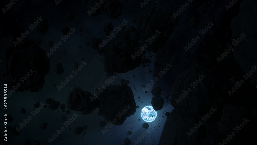 White dwarf star Sirius B with hostile rocky asteroid field. Concept 3D illustration astronomy wallpaper. Barren black iron rocks belt orbiting in space. Post supernova helium burning radiation winds. - obrazy, fototapety, plakaty 