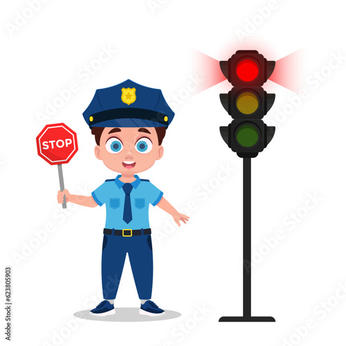 A boy in a police uniform and with a stop sign