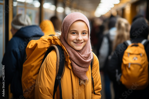 One cheerful school girl with a headscarf