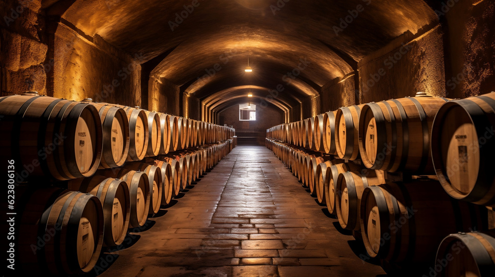 Wooden barrels of wine in a long wine cellar, Generative Ai