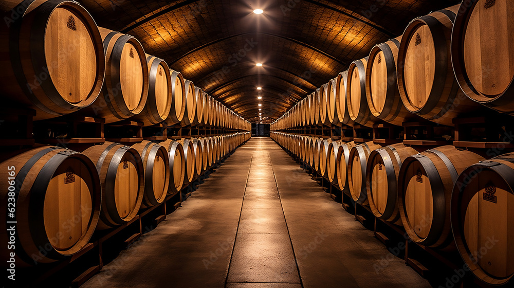 Wooden barrels of wine in a long wine cellar, Generative Ai