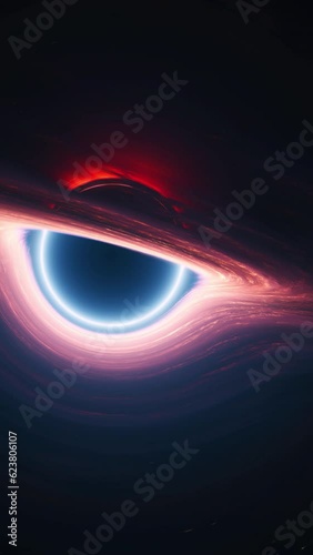 Interstellar black hole in outer cosmos. Giant singularity with glowing rotating accretion disk. Vertical 3d animation tracking wide shot. Cosmos around wormhole warps in curved space and space-time.