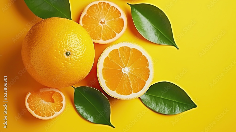Juicy organic whole and halved oranges with green leaves and visible core texture, isolated yellow background, Macro shot of bright citrus fruit slices. Generative AI Juicy organic whole and halved oranges with green leaves and visible core texture, isolated yellow background, Macro shot of bright citrus fruit slices. Generative AI