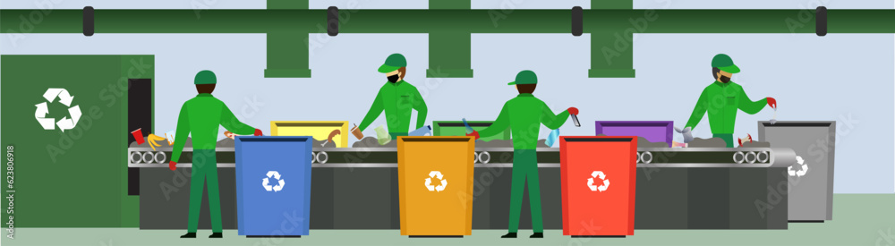 Waste recycling and storage for further disposal, waste sorting workers vector illustration, sorting waste grabage,waste treatment plant Waste recycling and storage for further disposal, waste sorting workers vector illustration, sorting waste grabage,waste treatment plant