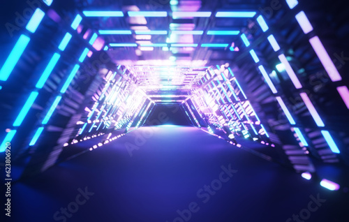Fototapeta Naklejka Na Ścianę i Meble -  Glowing Techno Corridor Futuristic 3D Render with Abstract Design-High-Tech, Cyber and Neon Elements