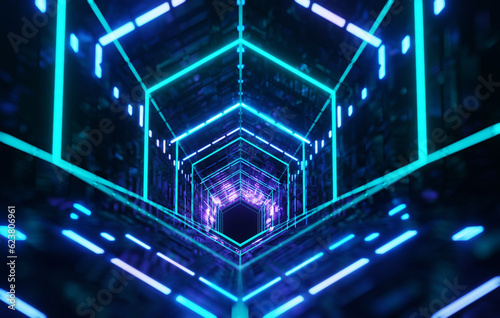 Fototapeta Naklejka Na Ścianę i Meble -  Glowing Techno Corridor Futuristic 3D Render with Abstract Design-High-Tech, Cyber and Neon Elements
