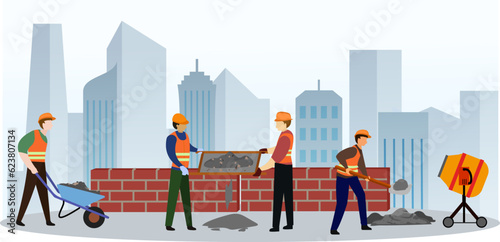 Construction site vector illustration, construction worker and architect, Engineer Worker Builder, working with cement