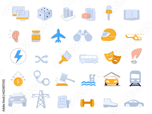 icon set communication and transportation electric infrastructure law mask theater handcuff