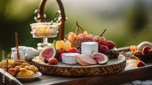 Desserts and Fruits Nutrition on Wooden Table Closeup Photo. Marshmallow and Grape Berries  Melon and Grapefruit on Tray  Cheese Pieces and Jam on Vintage Desk. Generative AI