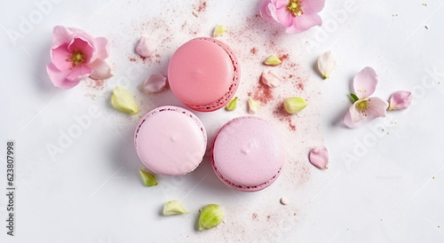 Spring Sakura Flowers and Pastel Macarons Dance on a White Textured Background. Generative AI