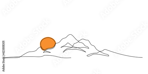 Continuous line drawing of sun and mountain range landscape background. One single line drawing of mountain panoramic view. Line art style illustration of nature. Vector linear style.Doodle, handdrawn
