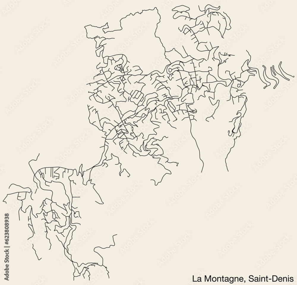 Naklejka premium Detailed hand-drawn navigational urban street roads map of the LA MONTAGNE QUARTER of the French city of SAINT-DENIS (LA RÉUNION), France with vivid road lines and name tag on solid background