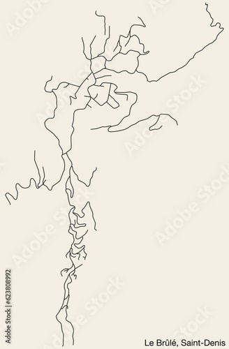 Detailed hand-drawn navigational urban street roads map of the LE BRÛLÉ QUARTER of the French city of SAINT-DENIS (LA RÉUNION), France with vivid road lines and name tag on solid background