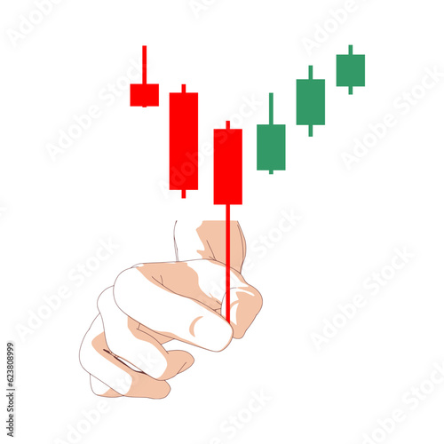 Hand holding japanese candlestick graph. Stock market and exchange business concept. Forex candlestick pattern. Trading chart concept.