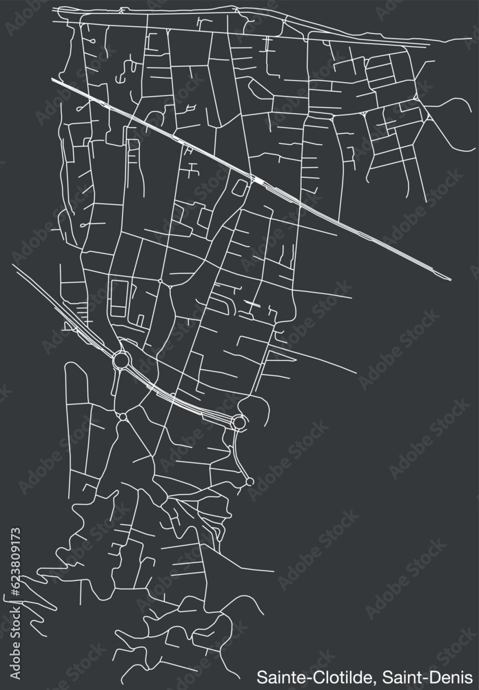 Detailed hand-drawn navigational urban street roads map of the SAINTE-CLOTILDE QUARTER of the French city of SAINT-DENIS (LA RÉUNION), France with vivid road lines and name tag on solid background