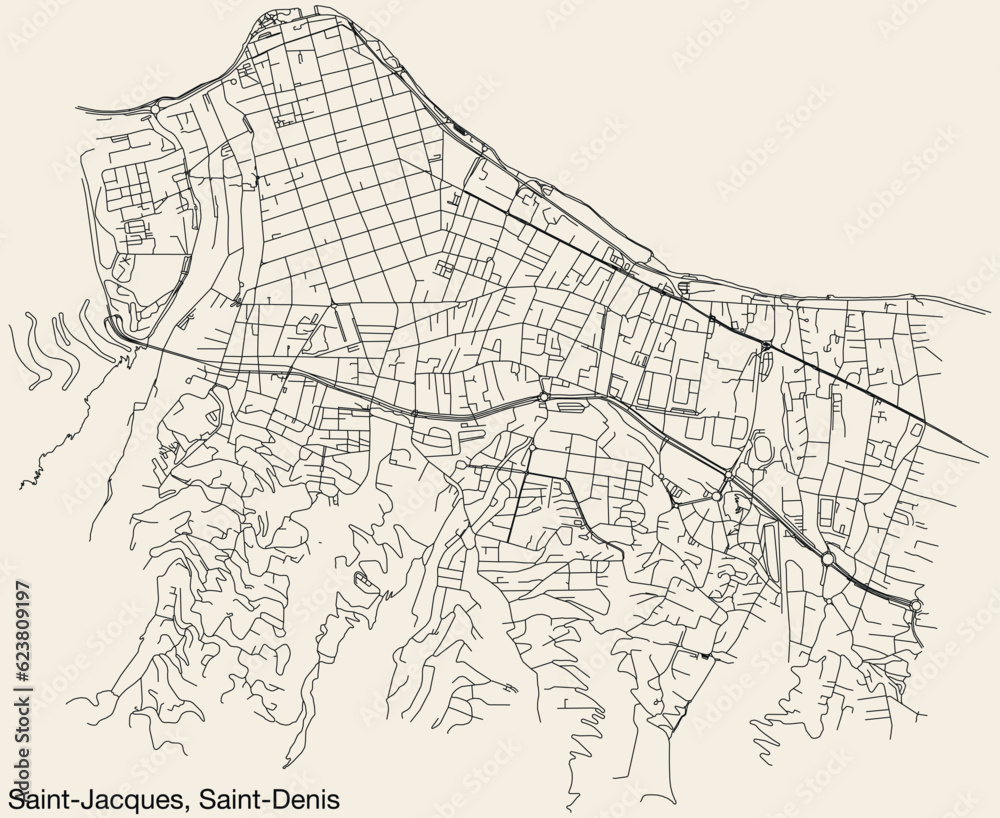 Fototapeta premium Detailed hand-drawn navigational urban street roads map of the SAINT-JACQUES QUARTER of the French city of SAINT-DENIS (LA RÉUNION), France with vivid road lines and name tag on solid background