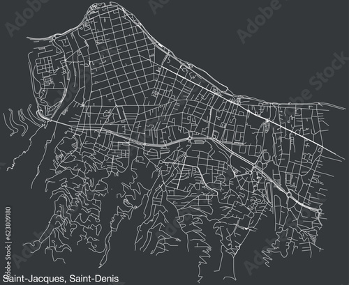 Detailed hand-drawn navigational urban street roads map of the SAINT-JACQUES QUARTER of the French city of SAINT-DENIS (LA RÉUNION), France with vivid road lines and name tag on solid background