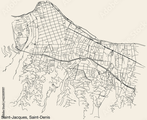 Detailed hand-drawn navigational urban street roads map of the SAINT-JACQUES QUARTER of the French city of SAINT-DENIS (LA RÉUNION), France with vivid road lines and name tag on solid background
